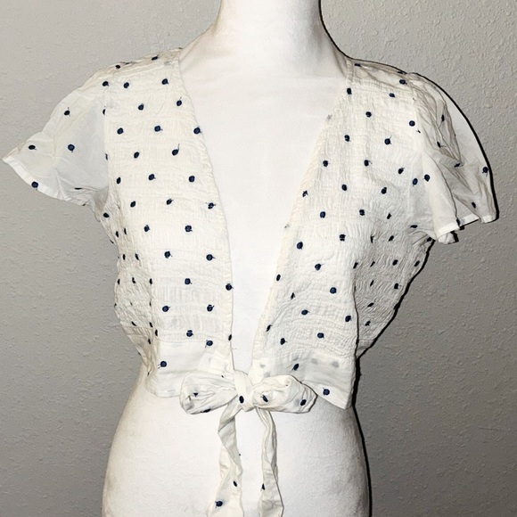 NEW American Eagle White/ Blue Polka Dot Tie-front Crop Shirt size Large NWT - Picture 2 of 13